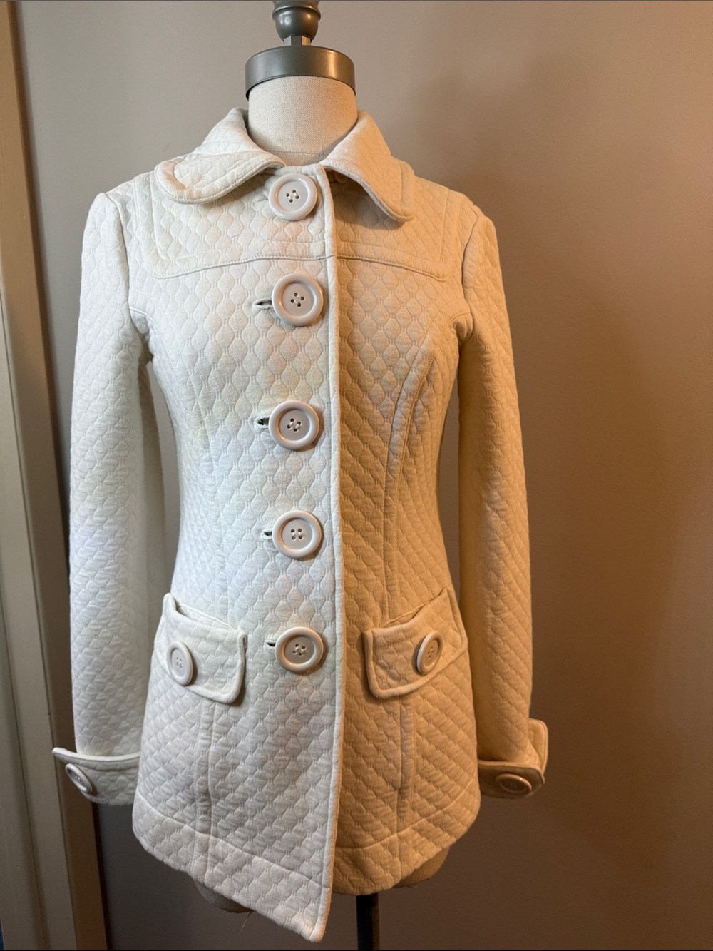 Women's Quilted Cream Pea Coat with Button Front